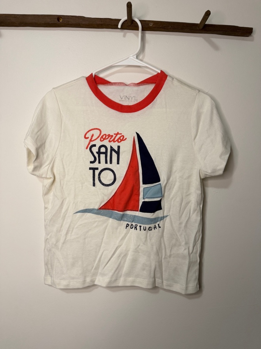 Vinyl Cream Crop Top with Red & Navy Sailboat Graphic